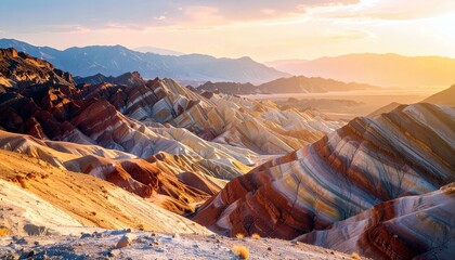 A breathtaking landscape of colorful, striped mountains in a desert setting, illuminated by the warm glow of a sunset.