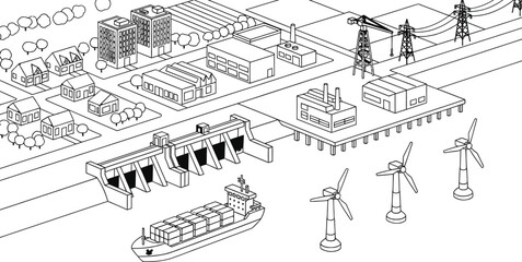 Energy production illustration with wind turbines and hydro power editable vector
