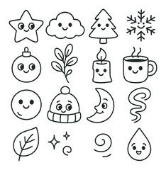 Cute hand-drawn christmas icons with smiling faces and festive elements
