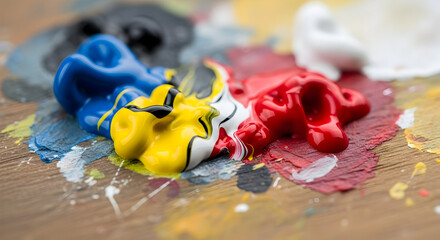Closeup of Colorful Artist Palette with Vibrant Paints in Yellow Blue Red Black and White on Wooden Surface in a Creative Studio Environment
