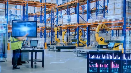 Modern warehouse with automated robotic arms, workers, and digital data overlays - Powered by Adobe