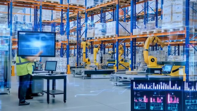 Modern warehouse with automated robotic arms, workers, and digital data overlays - Powered by Adobe