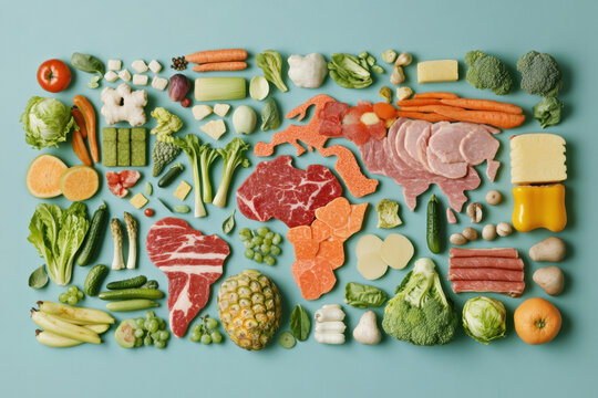 World map made of food, representing global cuisine and ingredients. creative food art piece showcases a world map constructed entirely from various fresh ingredients. - Powered by Adobe