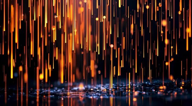 Digital rain falling in abstract patterns, with each droplet syncing with smooth electronic pulses and glitch sounds  