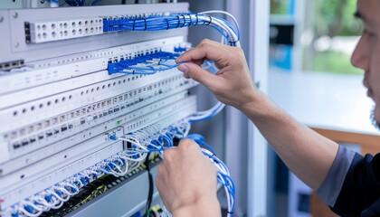 Network Engineer at Work: A skilled network engineer meticulously works to install and configure network cables within a server rack, highlighting precision and tech. 
