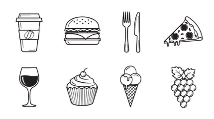 Collection of hand drawn food and drink icons in a simple silhouette style for creative design