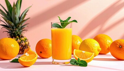 A vibrant still life featuring a tall glass of orange juice, whole and sliced oranges, lemons, a pineapple, and mint leaves on a pink background.