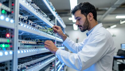 Network Technician at Work: A skilled technician diligently works on sophisticated server equipment, meticulously managing complex data networks within a high-tech environment. 