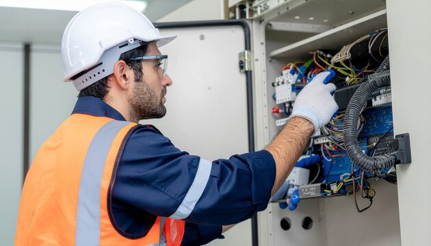 Technician at Work: A skilled technician diligently inspects electrical systems. Wearing protective gear, he meticulously examines the complex network of wires and circuits.