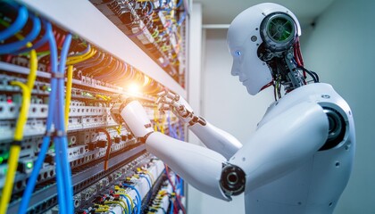 Cybernetic Technician in Server Room: A gleaming, humanoid robot meticulously inspects a complex array of server components within a bustling, high-tech data center, symbolizing innovation