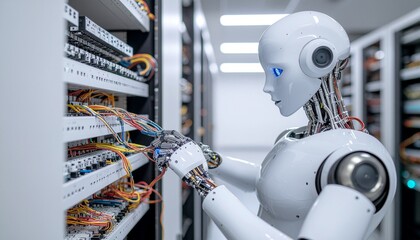 Tech-Savvy Automaton in Server Room: A sophisticated android meticulously attends to the intricate network infrastructure within a data center, symbolizing advanced technology and digital innovation.
