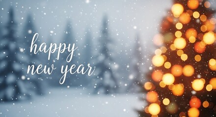 Magical winter forest scene with a decorated christmas tree glowing with warm lights and falling snow celebrating a happy new year
