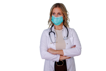 Female doctor wearing surgical face mask and stethoscope, arms crossed, standing with confident expression, transparent background