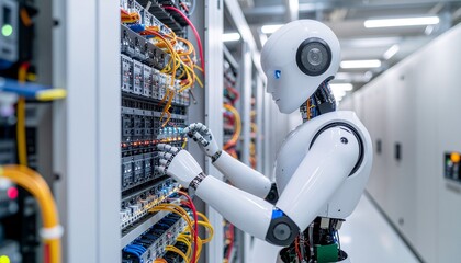 Robot technician in data center: A robotic technician meticulously examines and maintains server hardware, showcasing automation and advanced technology within a data center environment.