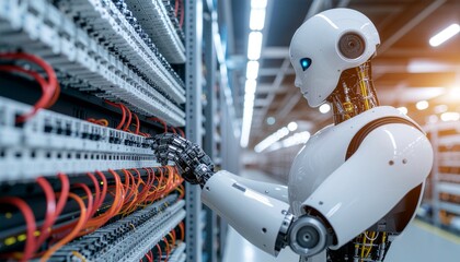 AI-Enhanced Data Center: A futuristic android meticulously tends to the complex infrastructure of a high-tech data center.