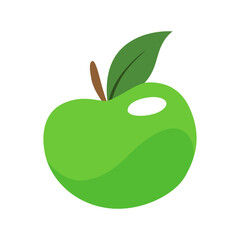 A pixel art illustration of a green apple with a leaf
