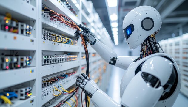 Robotic Precision: A cutting-edge robot expertly works on intricate wiring within a modern data center, showcasing advanced technological innovation and the future of automation.