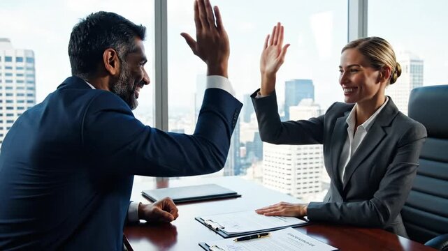 3230155 306 indian happy smiling multiracial professional ceo businessman giving highfive to business partner after financial acquisition bank bargain contract at office high five concept o 20298589 1
