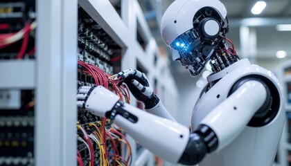 Automated Server Technician: A humanoid robot diligently works on the complex wiring of a server rack, highlighting the integration of artificial intelligence in modern technology.
