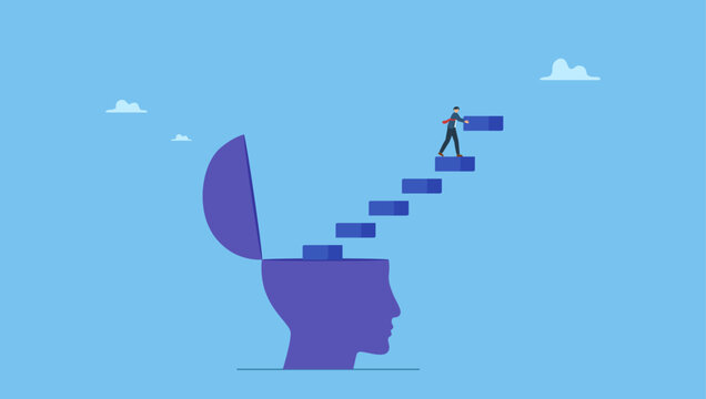 Businessman build growing stair from his head. Personal development or personal growth, self improvement to develop mindset, knowledge or skill to achieve success, motivation or advancement.