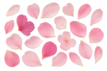 Pink flower petals and a sakura blossom floating, symbolizing spring, love, and natural grace. Transparent background