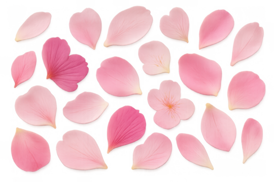 Pink flower petals and a sakura blossom floating, symbolizing spring, love, and natural grace. Transparent background