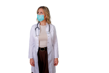 Female doctor wearing face mask and lab coat, holding stethoscope, looking up right, transparent background