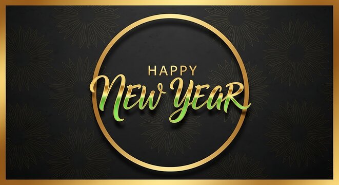 Elegant golden oval frame on textured dark background featuring a stylish green calligraphy greeting for happy new year celebrations and festive occasions