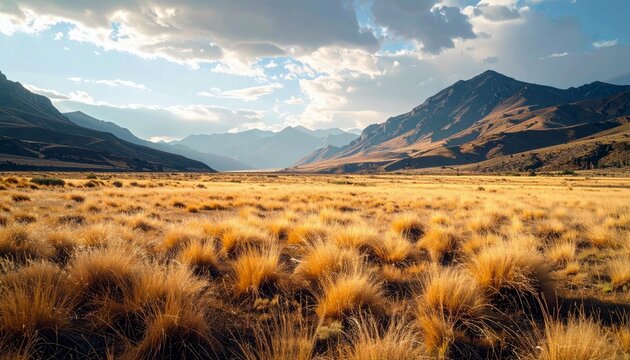 A vast field of golden tussock grass stretches towards a dramatic mountain range under a cloudy sky, illuminated by the warm light of sunset.