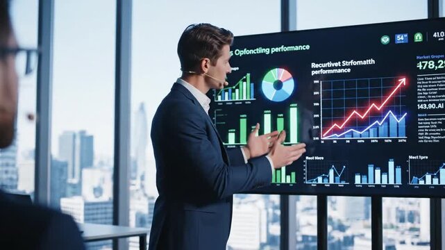 3230155 330 A businessman standing in front of a large presentation screen, analyzing sales data and discussing strategies for optimizing performance and driving revenue growth. Generative 51495388 1