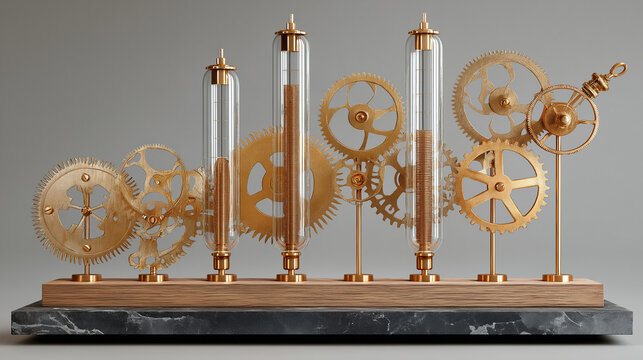 Intricate Time Display: An elegant display features transparent tubes and a complex assembly of golden gears and clockwork components, symbolizing the flow of time.