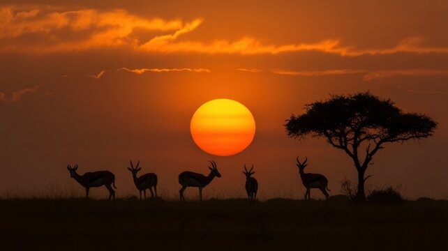 Silhouette of antelopes and tree against a bright sunset sky in the african savanna landscape - Powered by Adobe