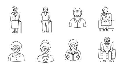 Collection of eight diverse elderly people depicted in a charming hand drawn sketch silhouette style