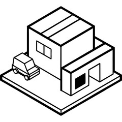 Isometric illustration of a house with a car and a package delivery box