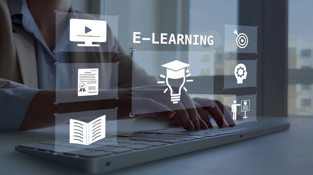 Online education concept with e-learning tools such as webinars, video tutorials, internet-based lessons. Modern digital learning platform for remote study, training and skill improvement.