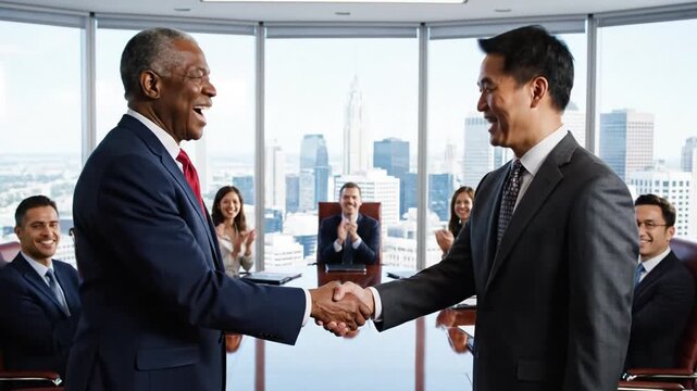 3230155 338 two happy diverse professional business men executive leaders shaking hands after successful financial deal at group board office meeting trust agreement company trade partnersh 13246056 1