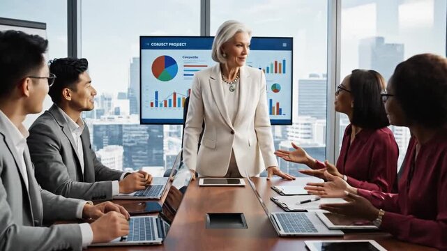 3230155 342 senior older female executive ceo and happy multicultural business people discuss corporate project at boardroom table smiling diverse corporate team working together in modern  43629827 1
