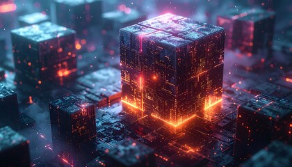 Abstract glowing cubes with intricate details and vibrant colors.