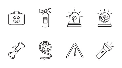 Collection of emergency and safety icons in a simple line art silhouette style