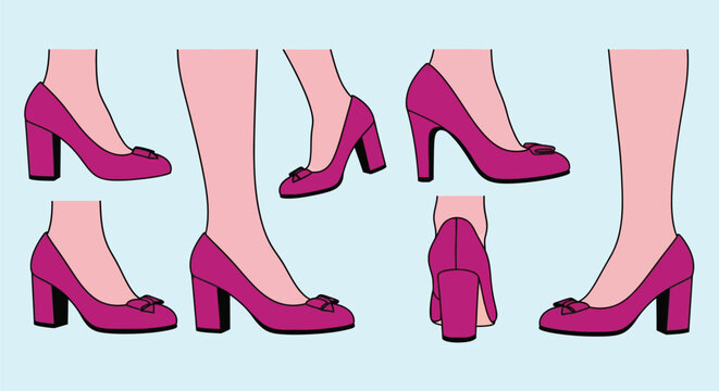 Shop pink block heel pumps with bow detail trendy fashion style editable vector