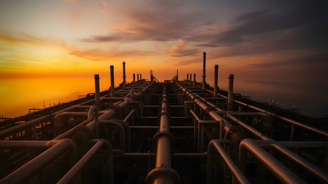 Dramatic sunset over a weathered industrial pier with converging lines leading to the horizon and vibrant orange sky - Powered by Adobe