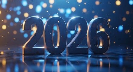 Shiny metallic 3d numbers spelling out the year 2026 with a bokeh background of warm golden and cool blue lights creating a festive and celebratory atmosphere