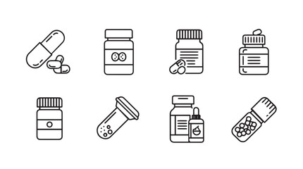 Collection of various medical pill bottles capsules and supplements in a clean line art silhouette style