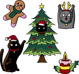 Cat, christmas tree, candle and ginger cookies illustration on Christmas day suitable for decoration, greeting cards, stickers and emoticons