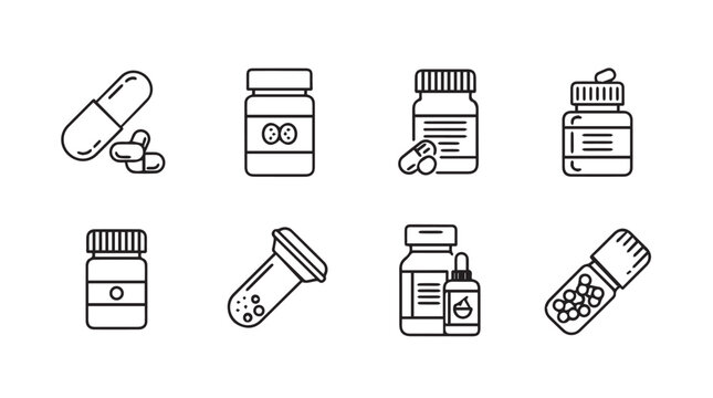 Collection of various medical pill bottles capsules and supplements in a clean line art silhouette style - Powered by Adobe