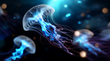 Defocused aquatic scene where only glowing lines of jellyfish tentacles remain visible, faceless, with copy space