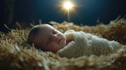 Beautiful caucasian baby boy or girl infant sleeping peacefully in a primitive hay manger with a bright divine light shining on a dark background for Christmas.