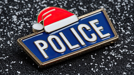 Police badge pin with small Santa hat and scattered snowflake on black surface conveying festive law enforcement cheer