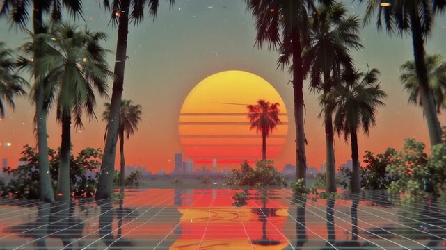 Retro synthwave sunset with palm trees reflecting on a glowing grid surface over a city skyline, vaporwave aesthetic digital footage.