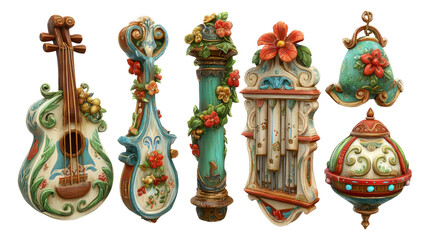 Ornamental Garden Instruments with Festive Floral Designs on Transparent Background
